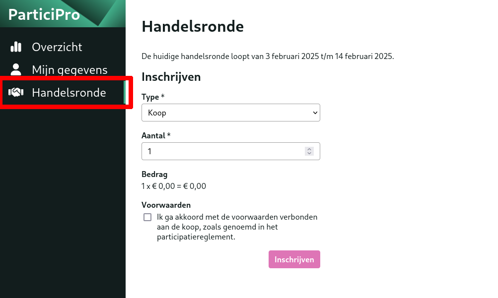 Het handelsronde inschrijfformulier voor deelnemers.