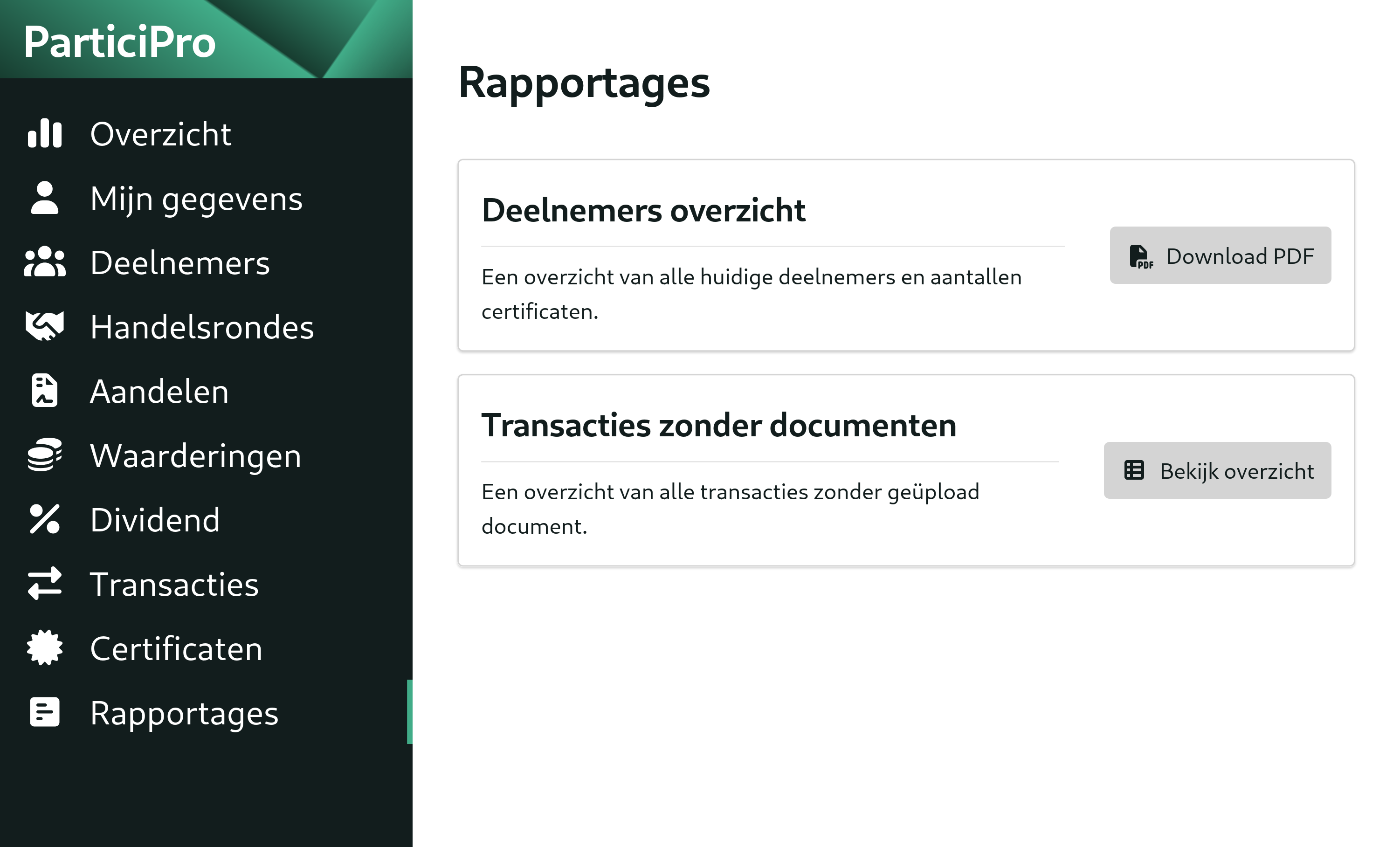 Een screenshot van de mogelijke rapportages in ParticiPro