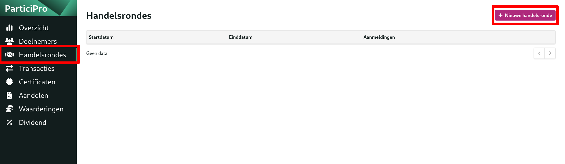 De handelsrondes overzicht pagina.