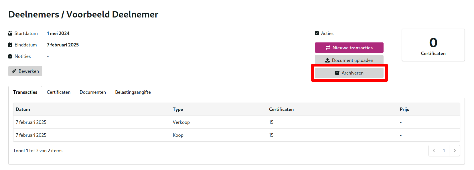 Een deelnemer zonder certificaten, met archiveren knop.