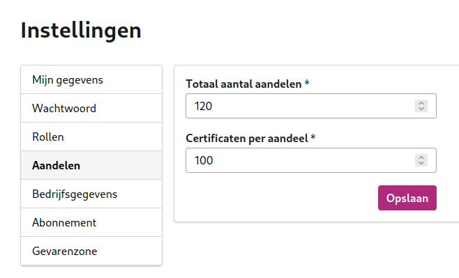 Het instellingen scherm met het totaal aantal aandelen en certificaten per aandeel.
