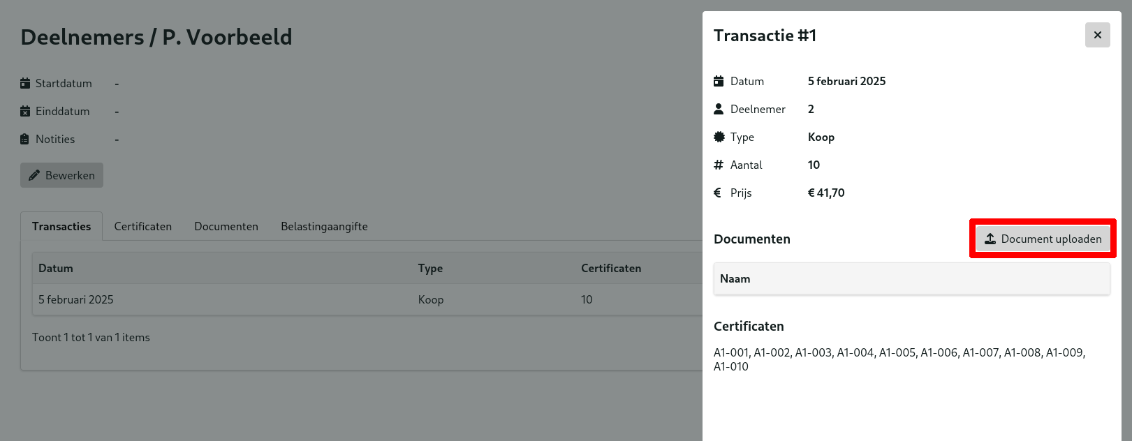 De transactie drawer met document uploaden knop.